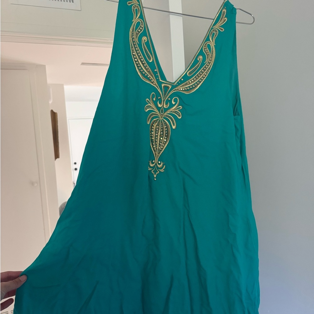 Teal Sleeveless Dress with Gold Embroidery